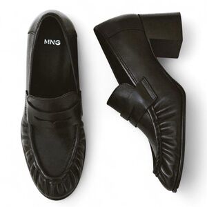 MNG Leather Chunky Heel Loafer Pump Shoes with Pleat Detail